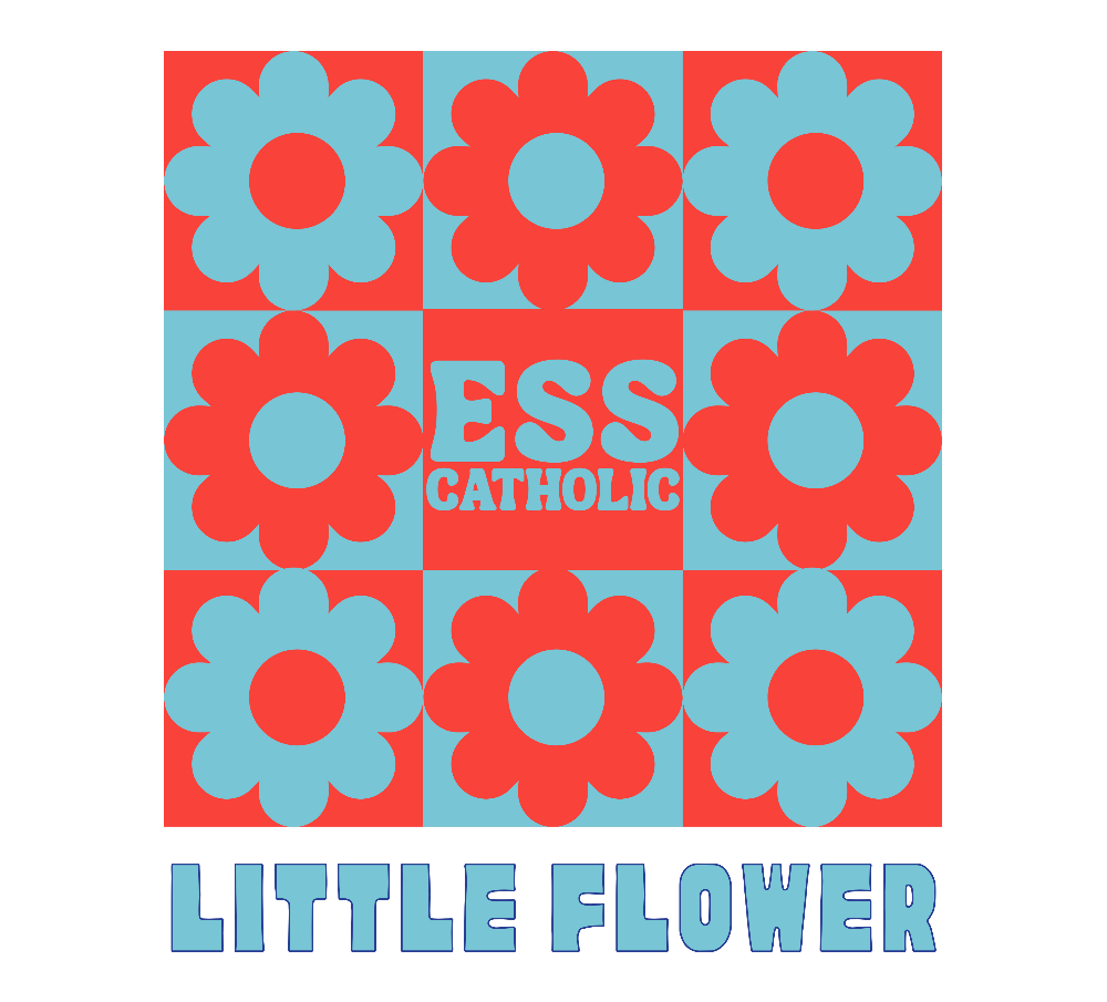 Design with red and blue flowers and 'ESS Catholic Little Flower' text on a white background