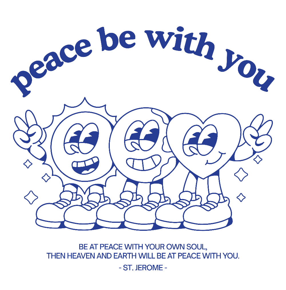 Cartoon characters with peace signs and motivational quote on a white background