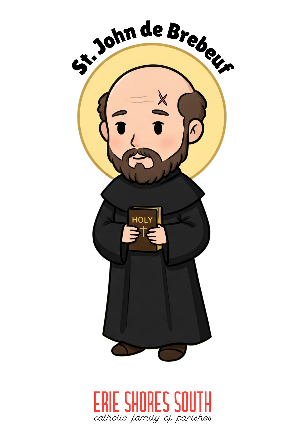 Cartoon illustration of St. John de Brebeuf holding a Bible with a white background